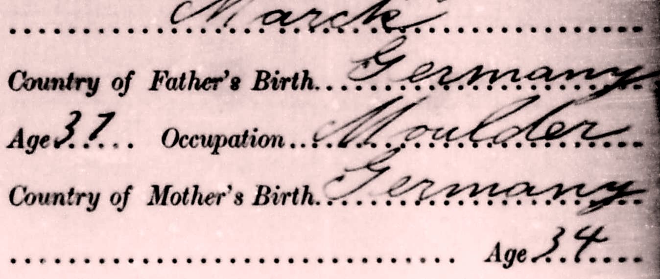 Detail of a 1898 New Jersey birth return: the mother's maiden name is written Marck, and both parents' country of birth is written Germany.