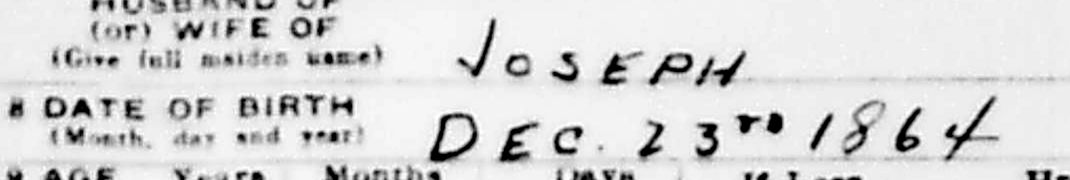 Detail of the 1938 death certificate of Elizabeth Seckler, showing the date of birth written as DEC 23rd 1864.