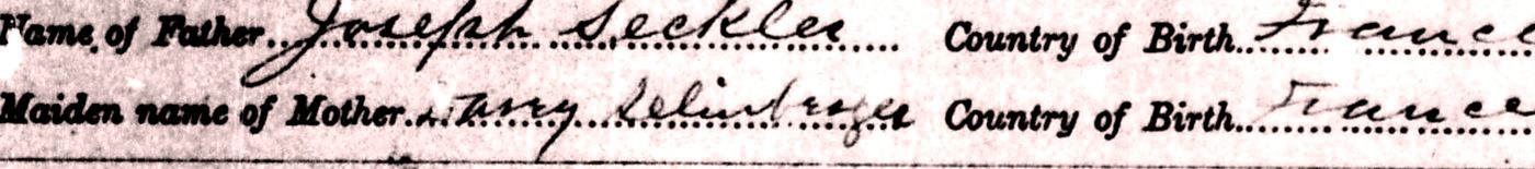 Detail of the 1887 New Jersey marriage return showing the father's name written Joseph Seckler and the mother's maiden name written Selinberger.